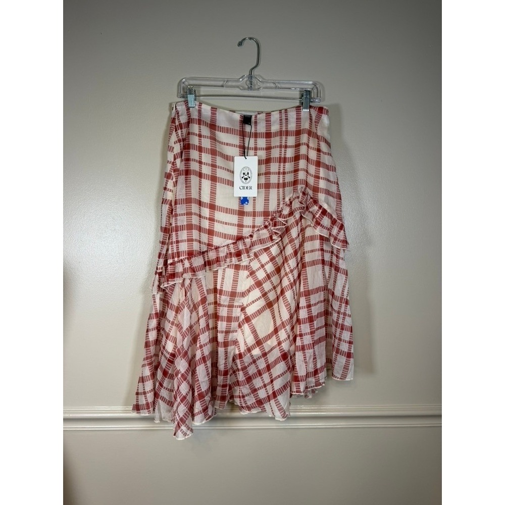Cider Midi Skirt Womens XL Red White Plaid NWT Ruffle Asymmetric Gingham